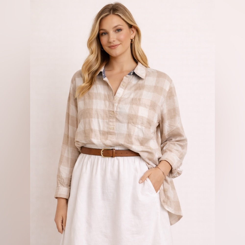Tommy Hilfiger Beige Plaid Half Button Shirt Size L  Classic